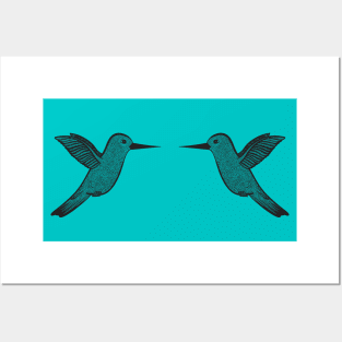 Hummingbirds in Love - cute bird design - on teal Posters and Art